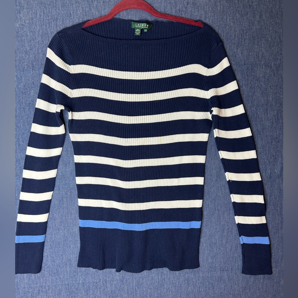 Ralph Lauren Navy, White & Light Blue Striped Boatneck Sweater